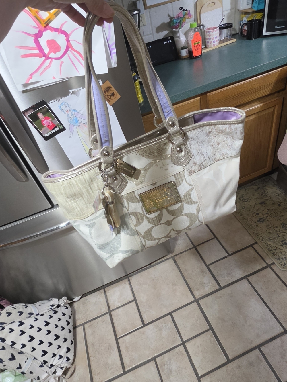 BNWT Coach Patchwork Signature Tote in Cream and Metallic Accents